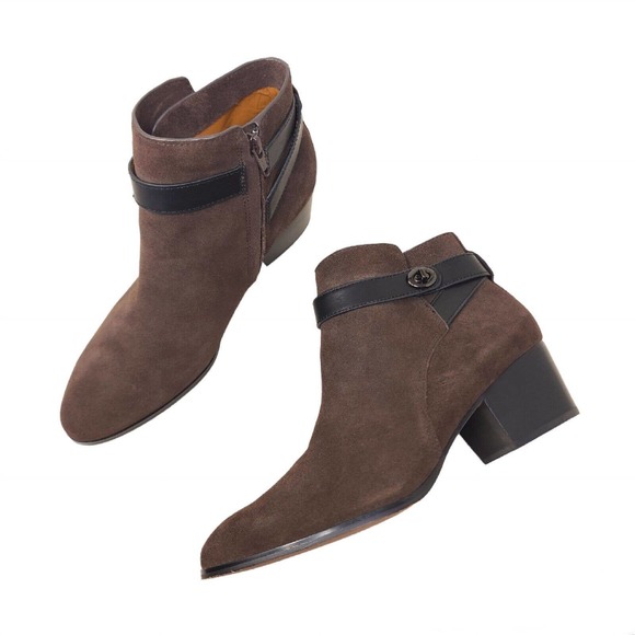 Coach Shoes - Coach Womens Ankle Boots Patricia Brown Suede Leather Block Heel Turnlock Sz 10